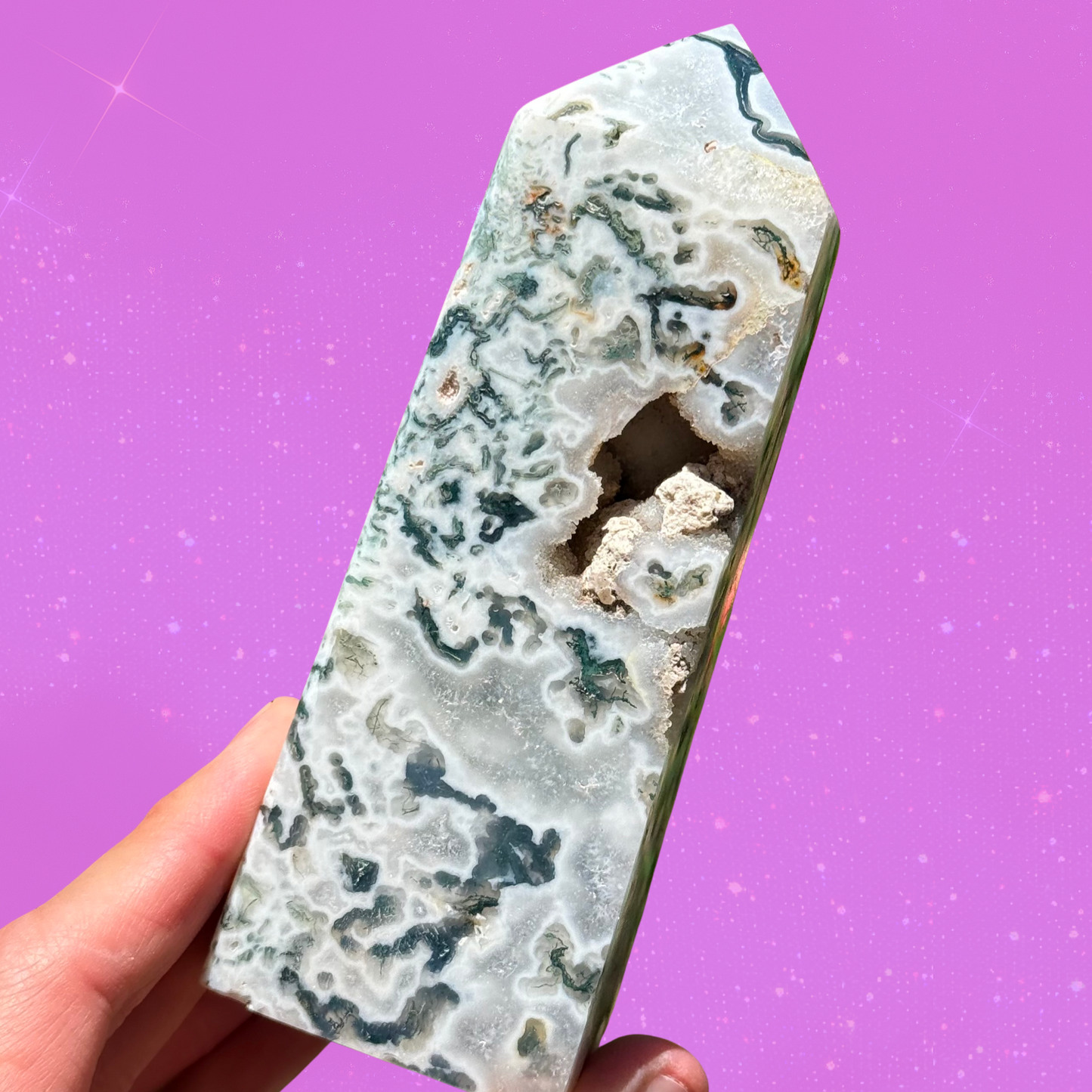 Quartz-Filled Moss Agate Obelisk with Cave MV65