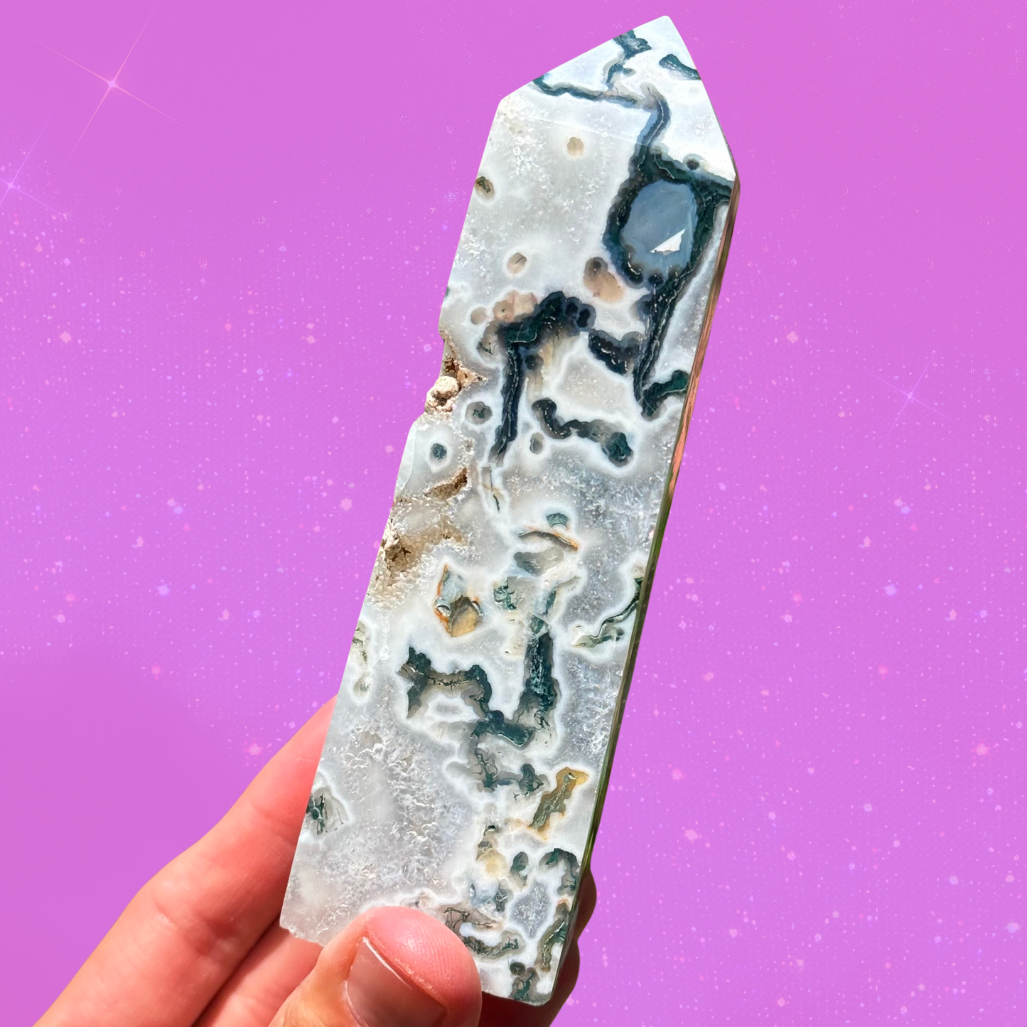 Quartz-Filled Moss Agate Obelisk with Cave MV65