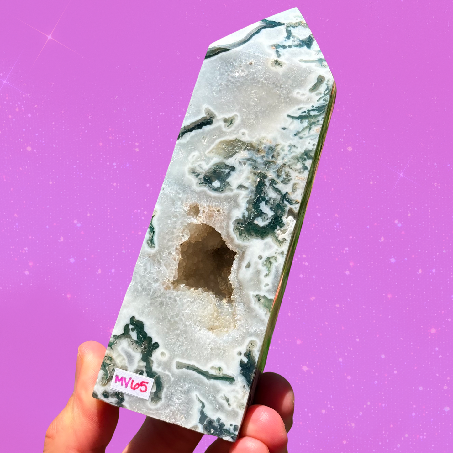 Quartz-Filled Moss Agate Obelisk with Cave MV65