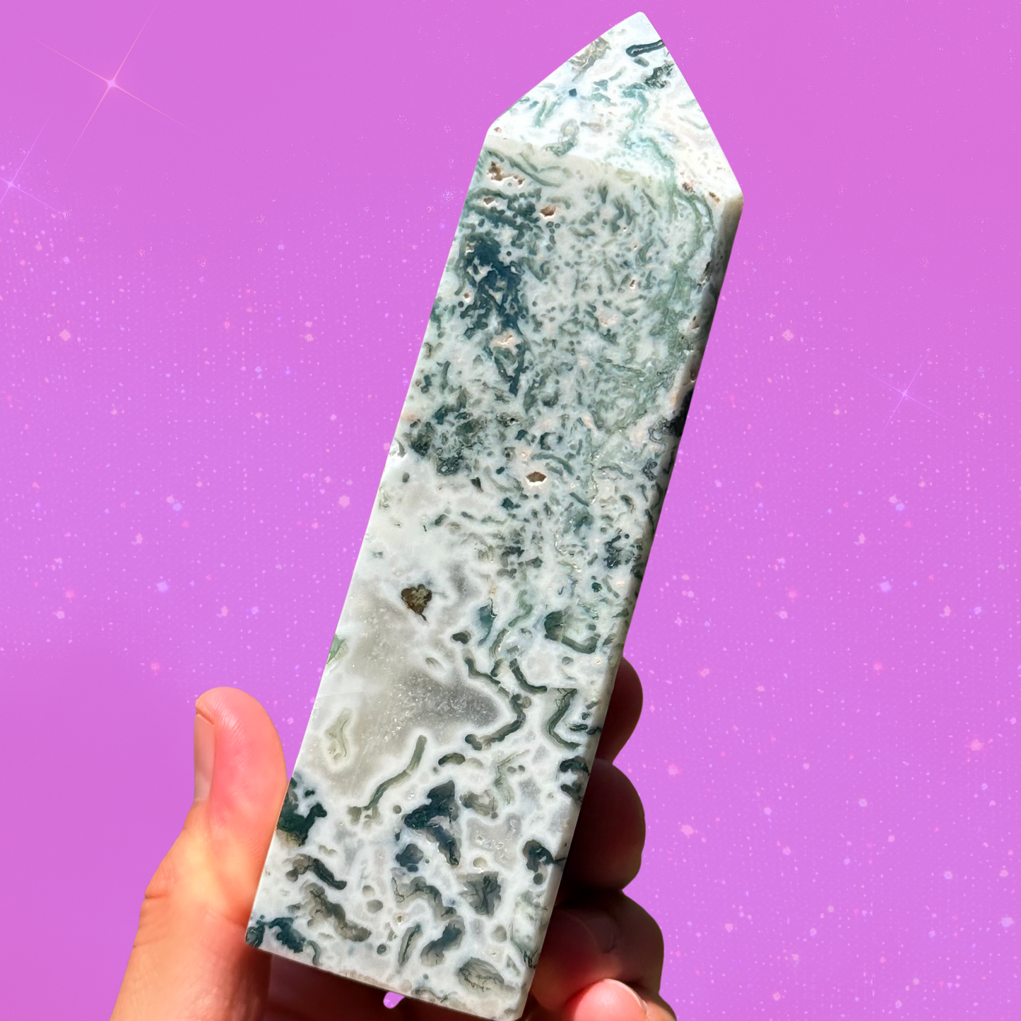 Quartz-Filled Moss Agate Obelisk with Cave MV65
