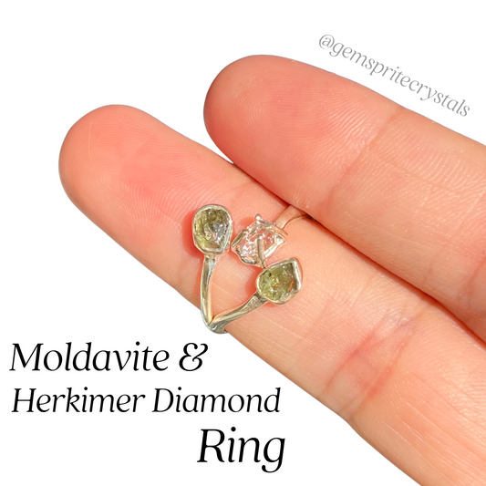 Moldavite and Herkimer Diamond Ring
