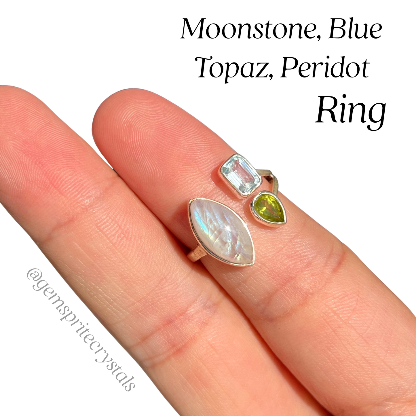 Moonstone, Blue Topaz, Peridot Ring